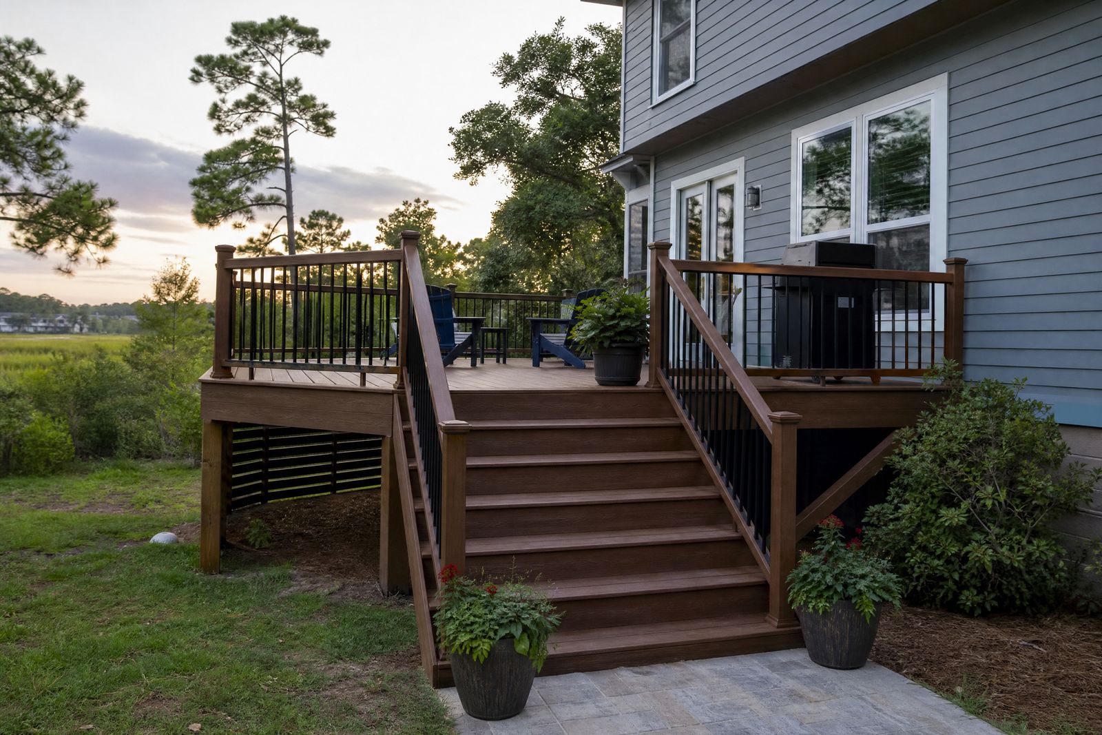 Composite Deck Installation in Charleston, SC: new composite deck with black aluminum railings on a Mount Pleasant, SC home