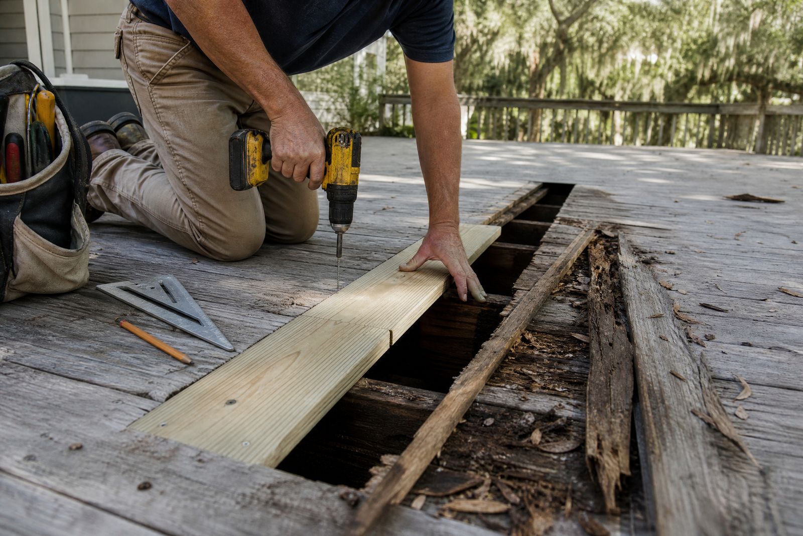Deck Board Replacement in Charleston, SC: carpenter replacing rotted deck boards with new pressure-treated pine