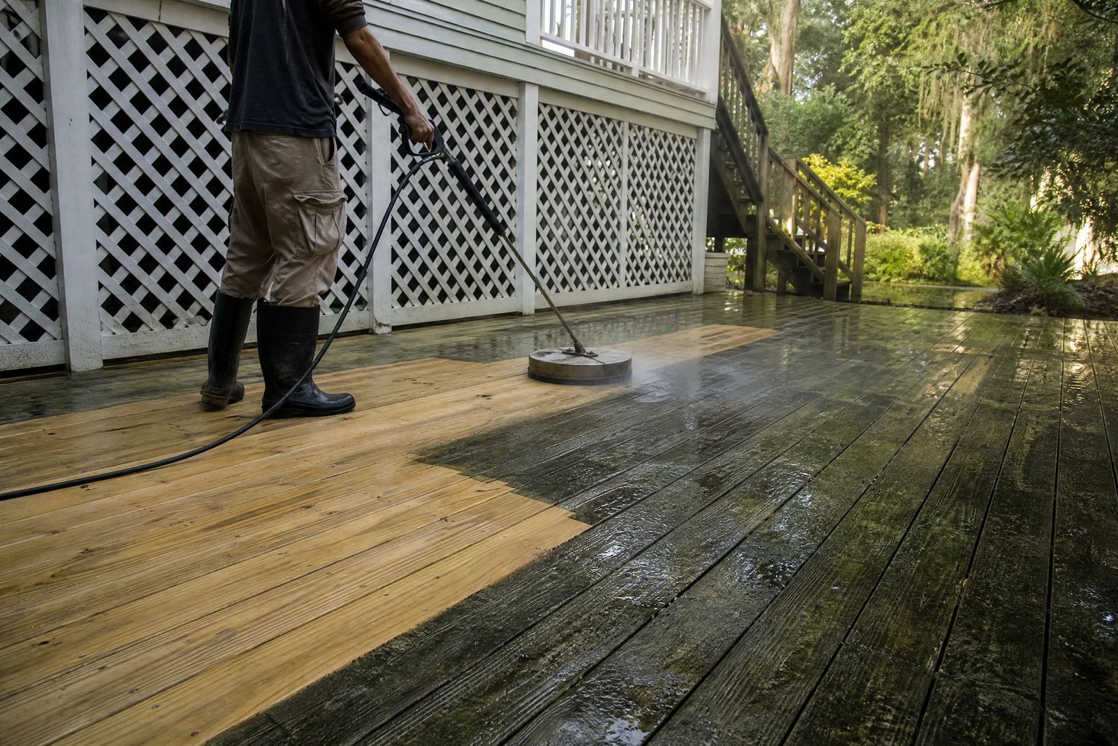 Deck Cleaning & Power Washing in Charleston, SC: low-pressure washing removing mildew from a gray wood deck near Charleston