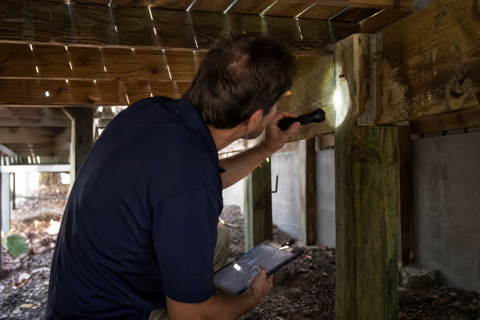 Deck inspector checking the ledger, joists and hangers under a raised deck