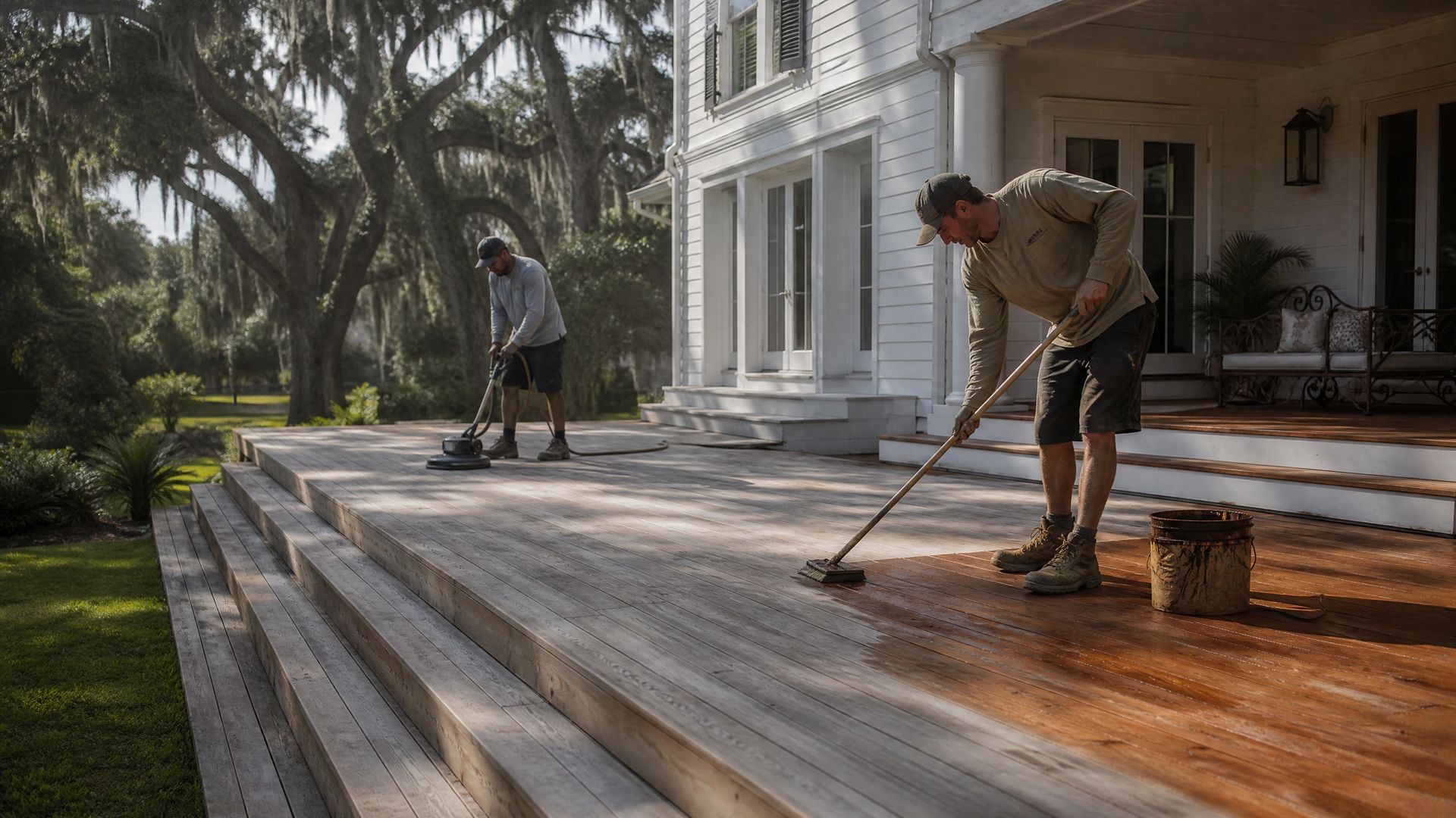 Crew sanding and staining a weathered wood deck behind a Lowcountry home in Charleston, SC