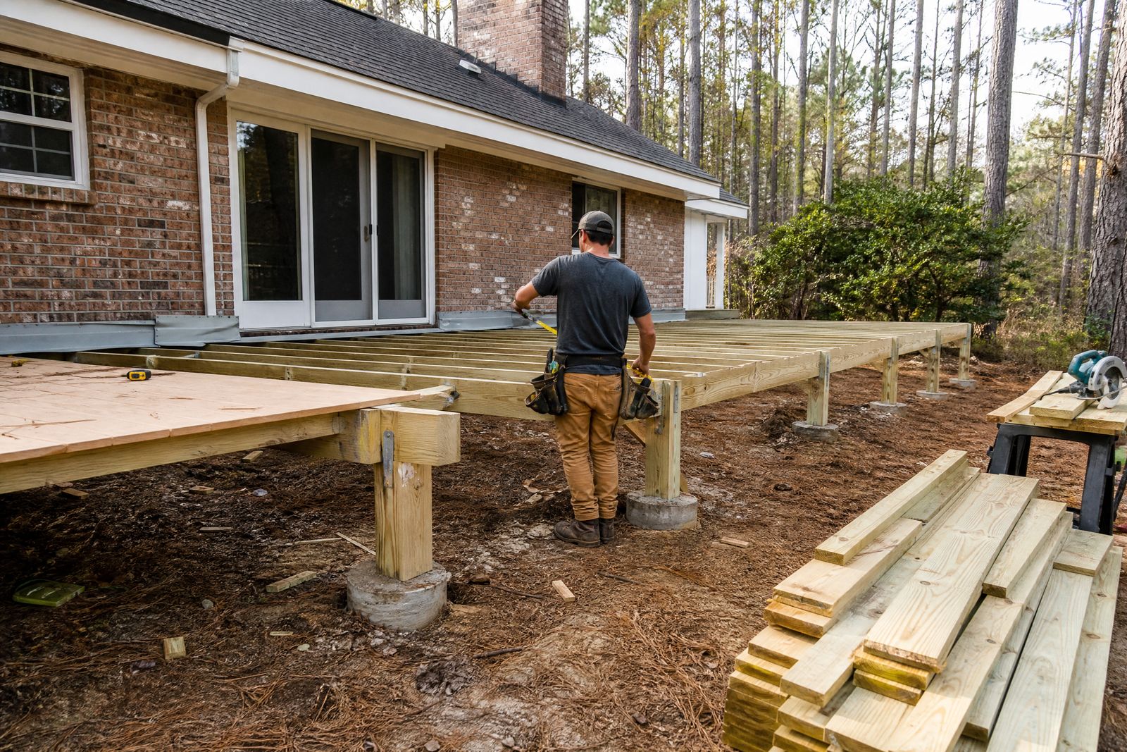 Deck Replacement in Charleston, SC: new deck framing with joist hangers and a flashed ledger on a Charleston-area home